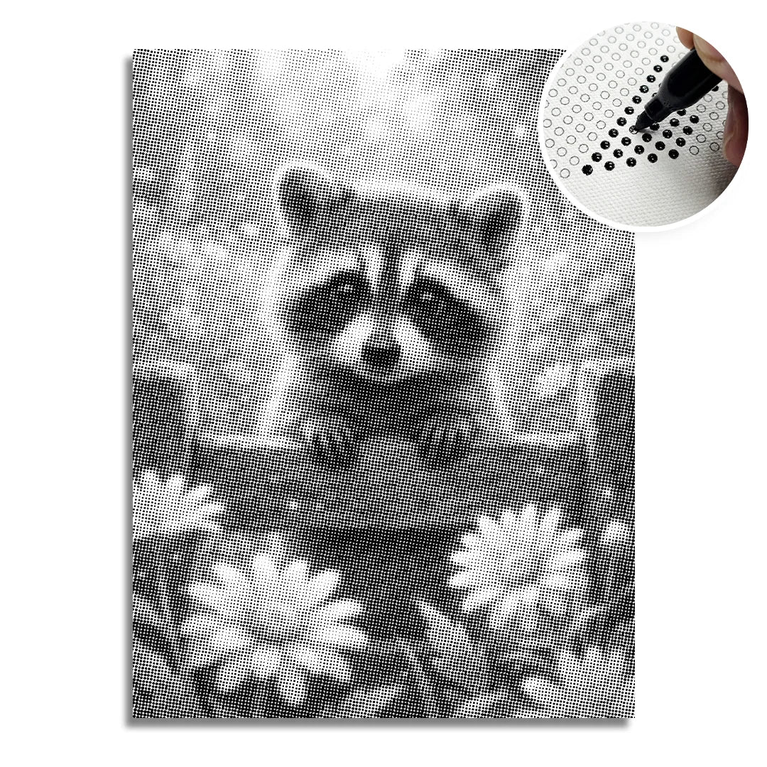 Raccoon with Flowers Dot Painting