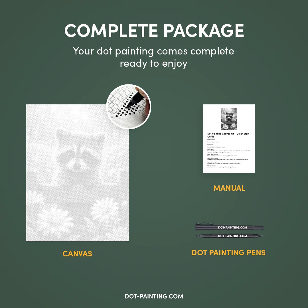 Raccoon with Flowers Dot Painting