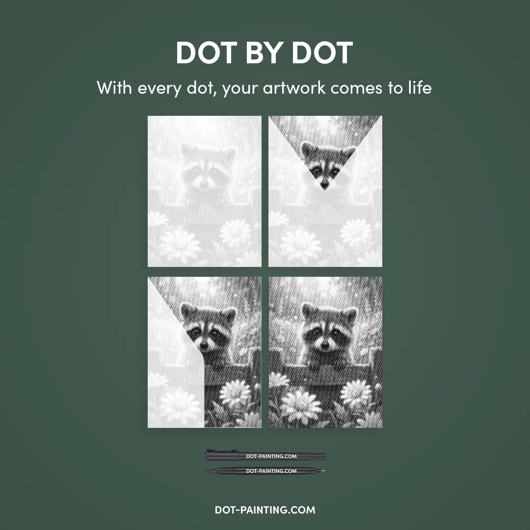 Raccoon with Flowers Dot Painting